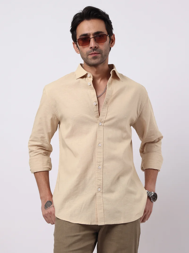 Maniac Maniac Solid Mens Collared Neck Full Sleeve Cotton Linen Beige Shirt